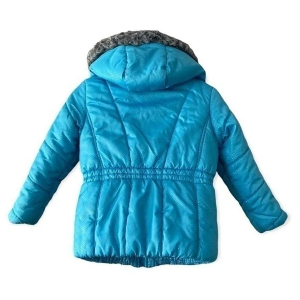 Rothschild Girls Blue Silver Dot Hooded Puffer Jacket Size 5-6 Zip Front Coat - Picture 3 of 7